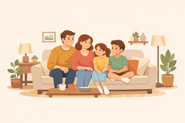 An illustrated family sitting together in a warm living room
